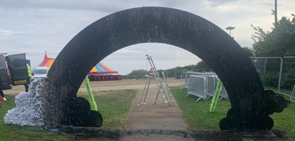 the scorched remains of the Milton Keynes Pride rainbow arch