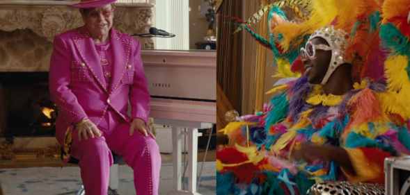 Elton John sporting an outfit inspired by Lil Nas X's Grammys 2020 look and Lil Nas X wearing an outfit inspired by Elton John's The Muppet Show appearance in a new Uber Eats advert
