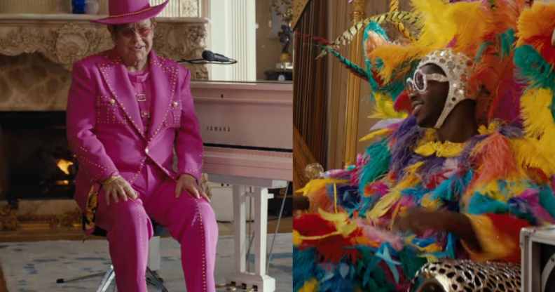 Elton John sporting an outfit inspired by Lil Nas X's Grammys 2020 look and Lil Nas X wearing an outfit inspired by Elton John's The Muppet Show appearance in a new Uber Eats advert