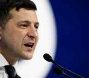 Volodymyr Zelensky, president of Ukraine, gives a speech at the World Economic Forum