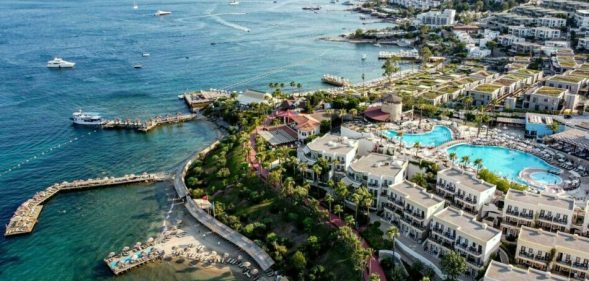Aerial view of Bodrum Beach, in Bodrum, Turkey.