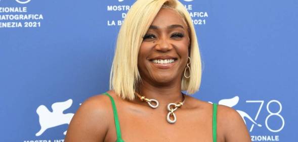 Tiffany Haddish attends a photocall for the film "The Card Counter" presented in competition during the Venice Film Festival in a gorgeous green dress
