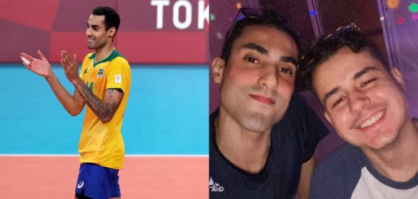 Images of Brazilian Olympic champion and volleyball star Douglas Souza and his boyfriend Gabriel. Souza recently shared on Instagram that he and his boyfriend encountered a homophobic incident with airport staff
