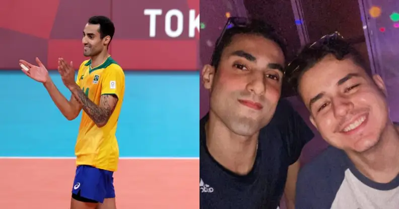 Images of Brazilian Olympic champion and volleyball star Douglas Souza and his boyfriend Gabriel. Souza recently shared on Instagram that he and his boyfriend encountered a homophobic incident with airport staff