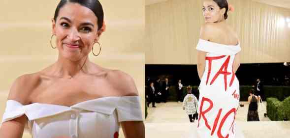 Alexandria Ocasio-Cortez departs the 2021 Met Gala in a gorgeous white gown with the words 'tax the rich' written on the back in red