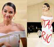 Alexandria Ocasio-Cortez departs the 2021 Met Gala in a gorgeous white gown with the words 'tax the rich' written on the back in red