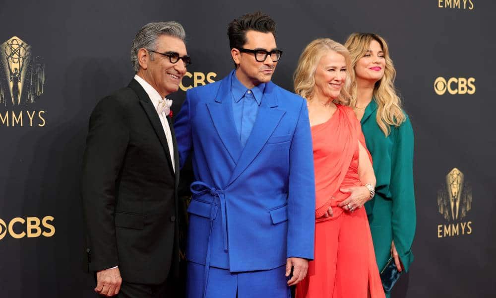 Schitt's Creek stars Eugene Levy, Dan Levy, Catherine O'Hara and Annie Murphy all reunite for the Emmy Awards on 19 September 2021