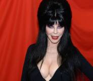 Picture of Elvira in full makeup and her trademark black dress with a blood red background