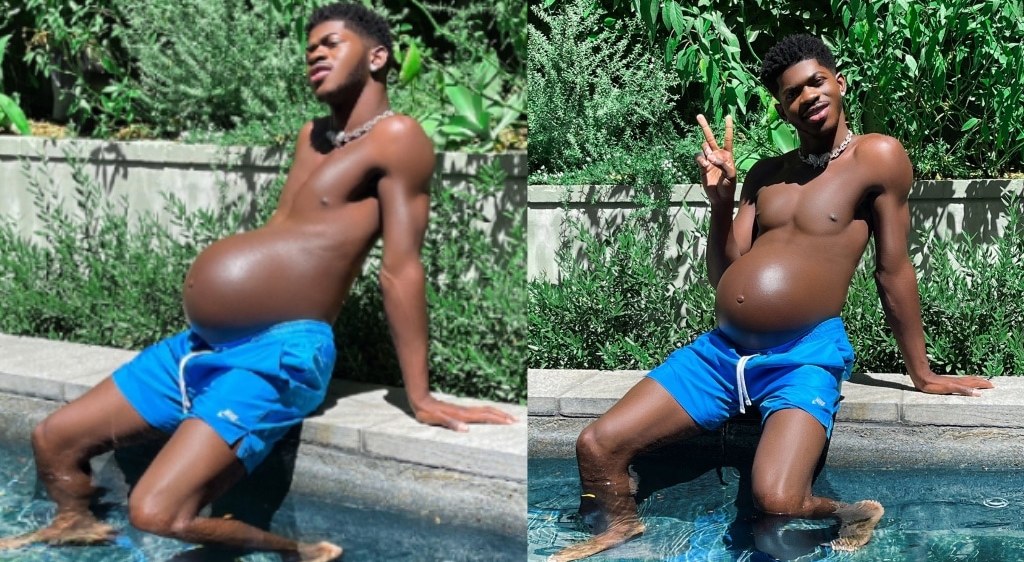 Lil Nas X poses as part of his fake pregnancy shoot by a swimming pool