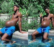 Lil Nas X poses as part of his fake pregnancy shoot by a swimming pool