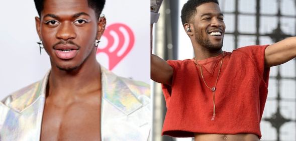 Lil Nas X posing on the red carpet and Kid Cudi performing on stage