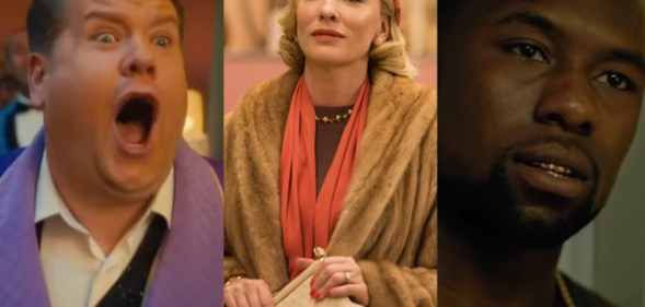 James Corden in The Prom (L), Cate Blanchett in Carol (C) and Trevante Rhodes in Moonlight.