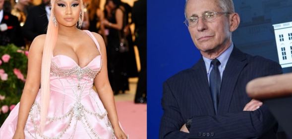 Nicki Minaj at the Met Gala in 2019 and Anthony Fauci at a White House press briefing