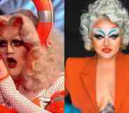 A side by side image Drag Race UK winner Lawrence Chaney and series three contestant Victoria Scone in beautiful orange themed outfits