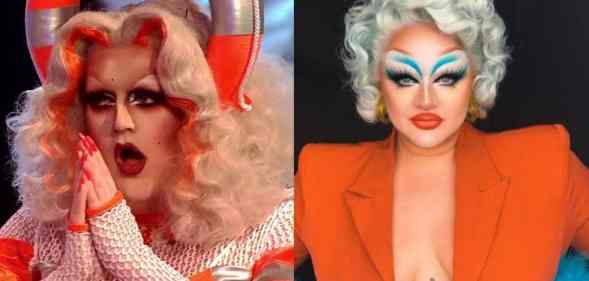 A side by side image Drag Race UK winner Lawrence Chaney and series three contestant Victoria Scone in beautiful orange themed outfits