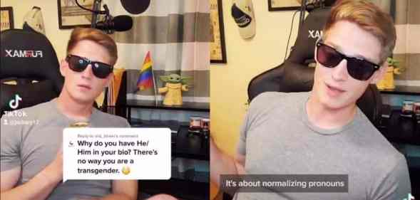 Jackary, also known as @jackary17 or the 'CEO of aggressive allies' on TikTok, appears in a video with sunglasses, a can of Miller Lite and a grey shirt to explain why pronouns are important