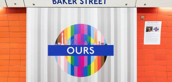 Pride roundel celebrating London's LGBT+ community can be seen at the Baker Street Tube stop in London