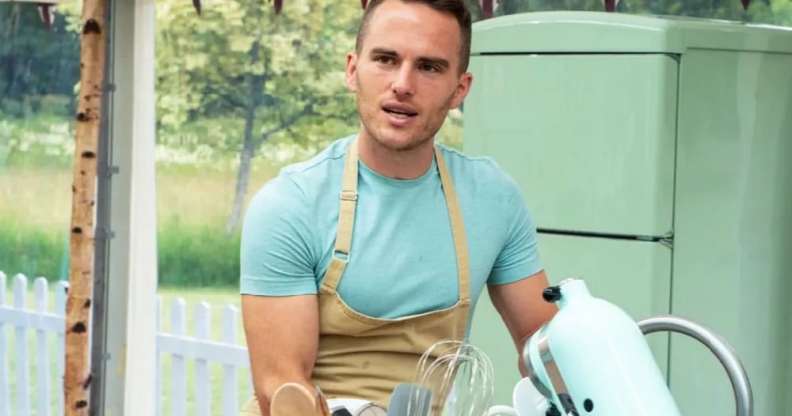 David in the Bake Off tent, in front of a stand mixer