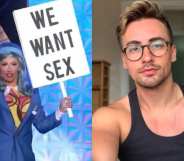 Ella Vaday in drag holding a sig that reads 'we want sex' and out of drag, looking like a snack