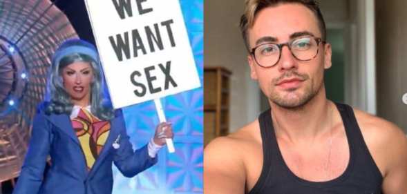 Ella Vaday in drag holding a sig that reads 'we want sex' and out of drag, looking like a snack