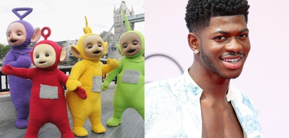 On the left: The Teletubbies outside Tower Bridge. On the right: A headshot of Lil Nas X