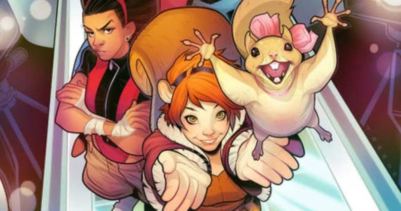 Two superheroes, one holding a squirrel