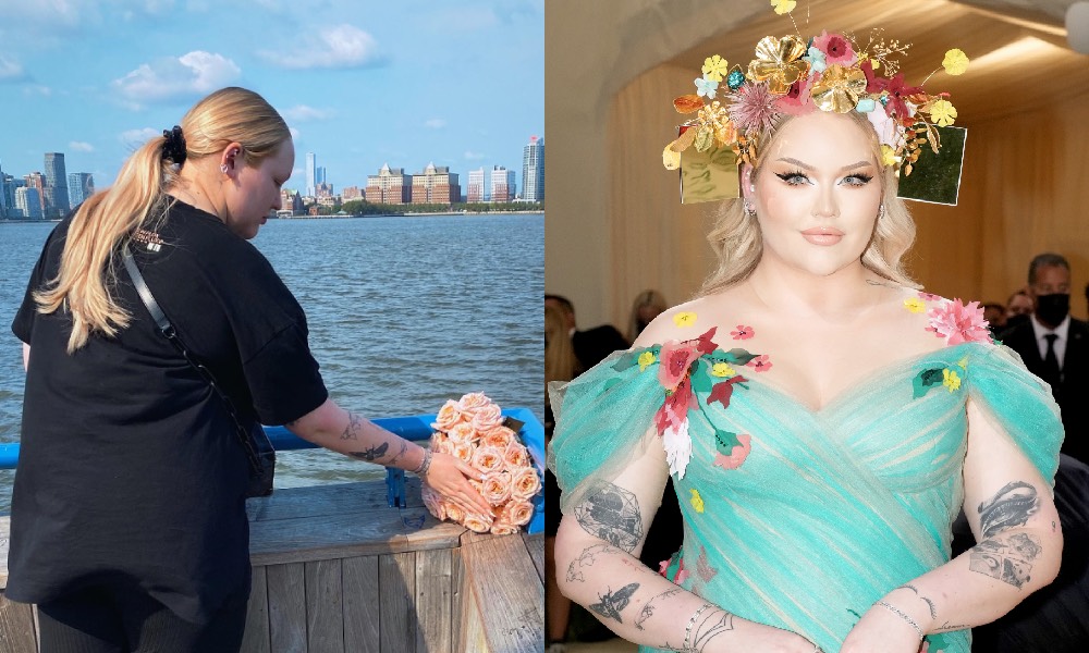 On the left: NikkieTutorials lays flowers at the spot on the Hudson River where Marsha P. Johnson's body was found. Right: Nikkie at the Met Gala in a turqoise dress and flower crown