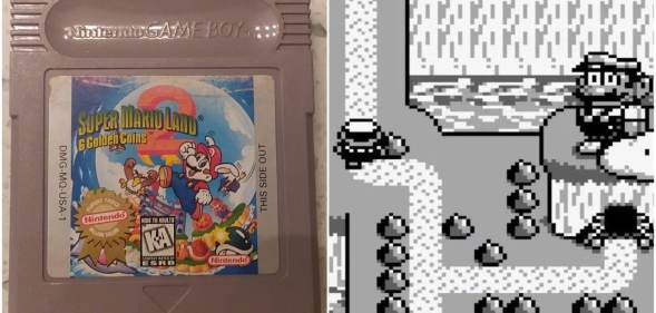 Super Mario Land 2 on the Game Boy, cartridge next to screenshot from game