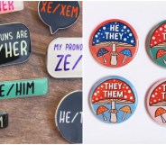 Pins showing preferred pronouns including he/she/xe and ze