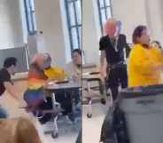 A student wrapped in a Pride flag is tugged out of a chair
