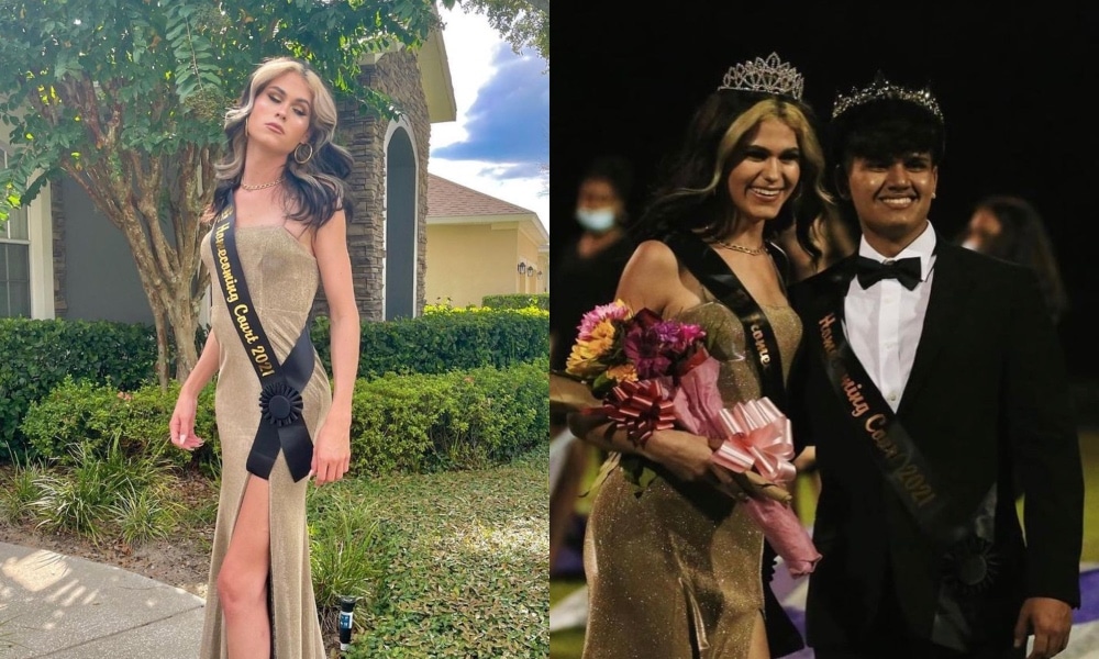 Trans teen Evan Bialosuknia poses with her crown and sash