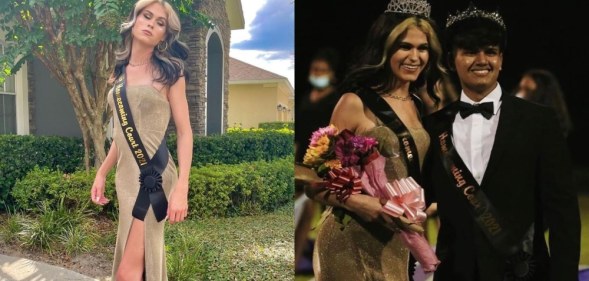 Trans teen Evan Bialosuknia poses with her crown and sash