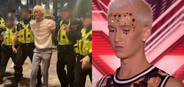 Bradley being escorted by police in yellow vests. On the right, a picture of Bradley auditioning for X Factor