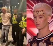 Bradley being escorted by police in yellow vests. On the right, a picture of Bradley auditioning for X Factor