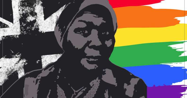 An illustration of Pearl Alcock in front of a black and white Union Jack, and a rainbow Pride flag