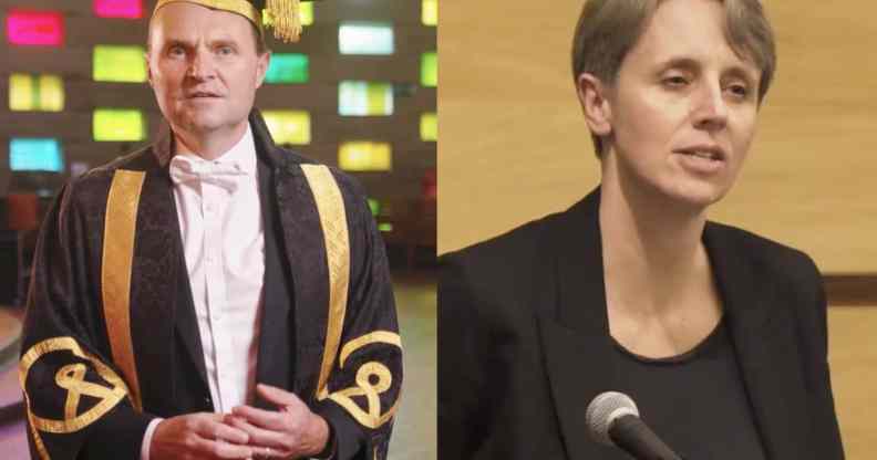 Adam Tickell giving an online address to students and Kathleen Stock speaking about a debate