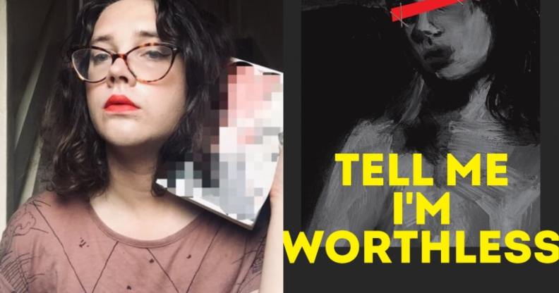 Alison Rumfitt, author of Tell Me I'm Worthless (L) and the cover of her debut novel (R).