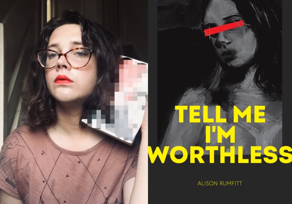 Alison Rumfitt, author of Tell Me I'm Worthless (L) and the cover of her debut novel (R).