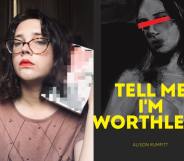 Alison Rumfitt, author of Tell Me I'm Worthless (L) and the cover of her debut novel (R).