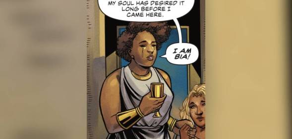 a screenshot from DC Comics new Wonder Woman series Nubia and the Amazons which introduces Bia, the first trans Amazon