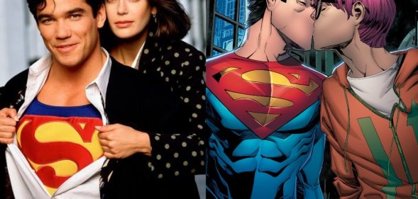 Dean Cain and Teri Hatcher in a Superman television series in the 1990s and an image from DC Comics new issue which depicts Clark Kent's son as bisexual