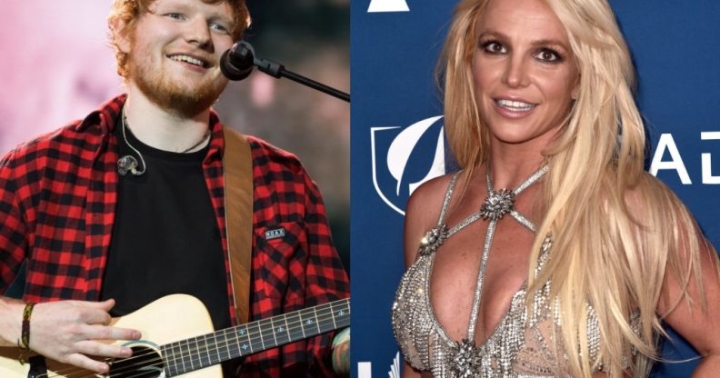 Ed Sheeran performing on stage at Glastonbury and Britney Spears at the GLAAD Awards