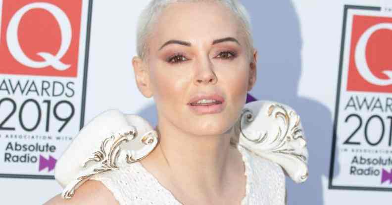 Rose McGowan attends the Q Awards 2019 in a pale outfit