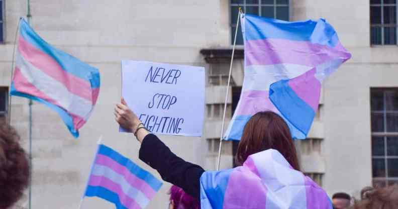 A protester wrapped in a trans Pride flag holds a 'Never Stop Fighting' placard during the trans rights demonstration