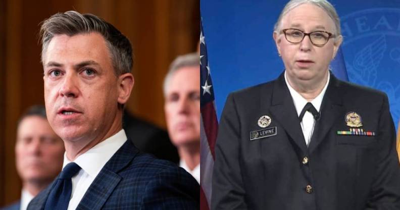a side-by-side image of Indiana representative Jim Banks and Dr Rachel Levine