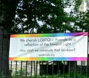 A banner to welcome LGBT+ visitors at a Quaker meeting house in Washington, DC.