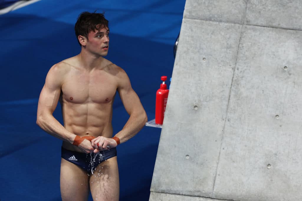 Tom Daley of Team Great Britain looks on in the Men's 10m Platform Final on day fifteen of the Tokyo 2020 Olympic Games at Tokyo Aquatics Centre on August 07, 2021 in Tokyo, Japan.