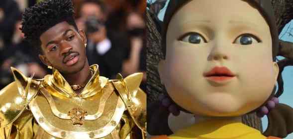 A side by side image of Lil Nas X in his golden outfit from the 2021 Met Gala alongside a still from Netflix's Squid Games that depicts the 'Red light, green light' robot
