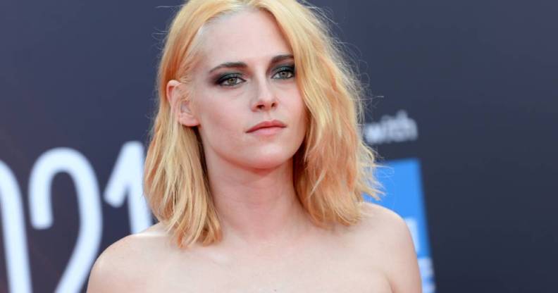 Kristen Stewart attends the UK premiere of her movie Spencer in a grey dress