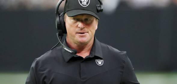 A picture of Las Vegas Raiders head coach Jon Gruden during a game against the Chicago Bears